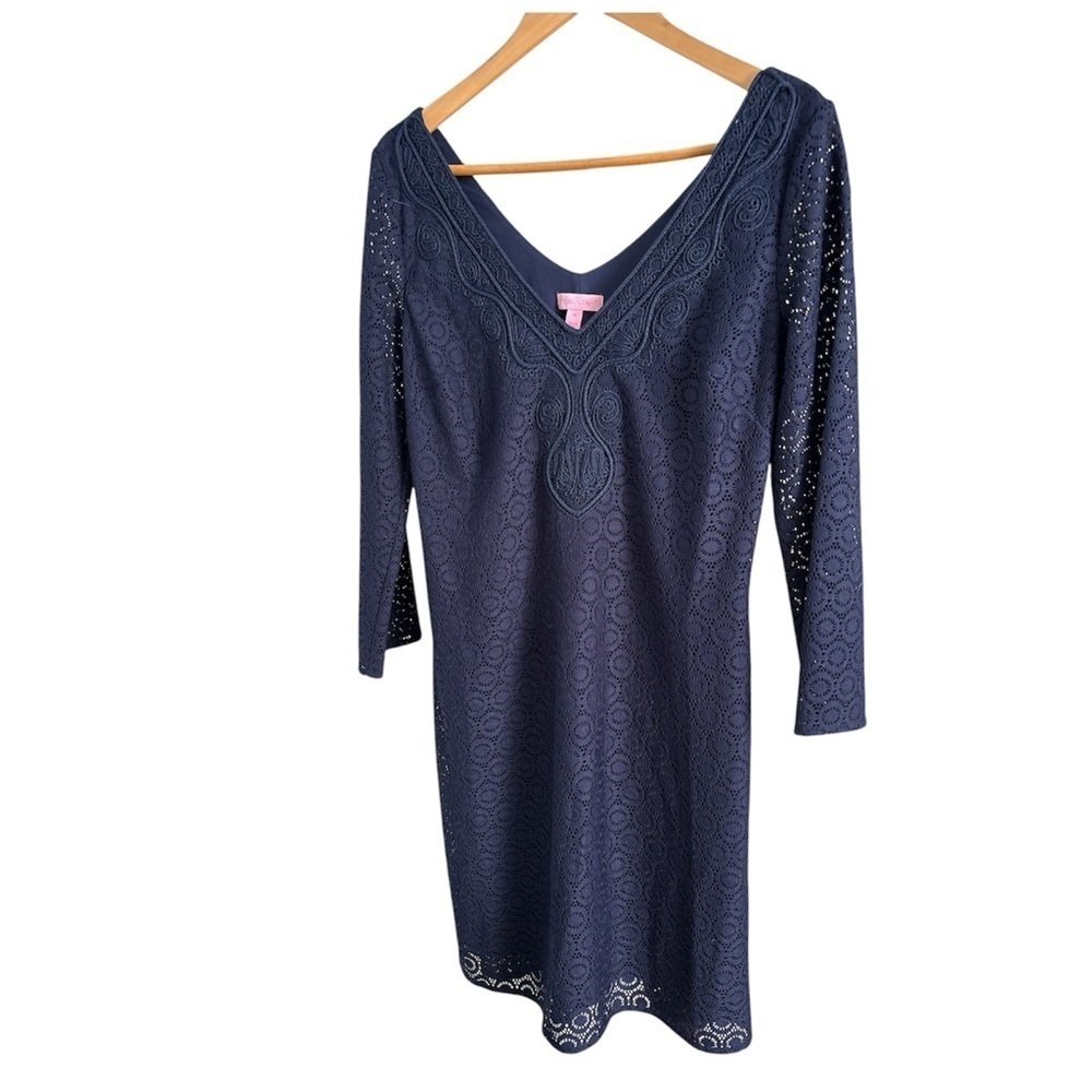 Lilly Pulitzer Navy Blue Lace Dress Soutache V-Neck Alden Tunic Medium